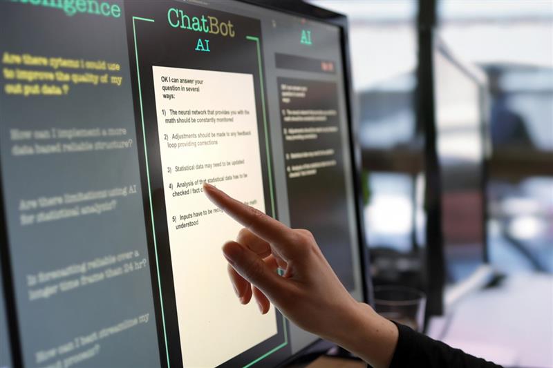AI, woman touching chatbox screen