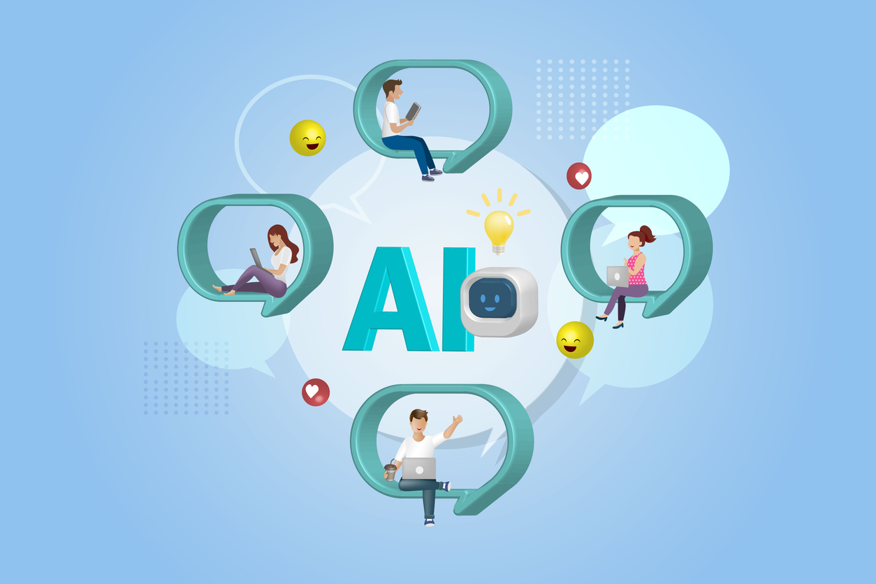 People sit on speech bubble chatting with AI chat bot and get smart solution. Artificial intelligence robot answer questions provide smart refinement conversation and ideas. 3D vector.