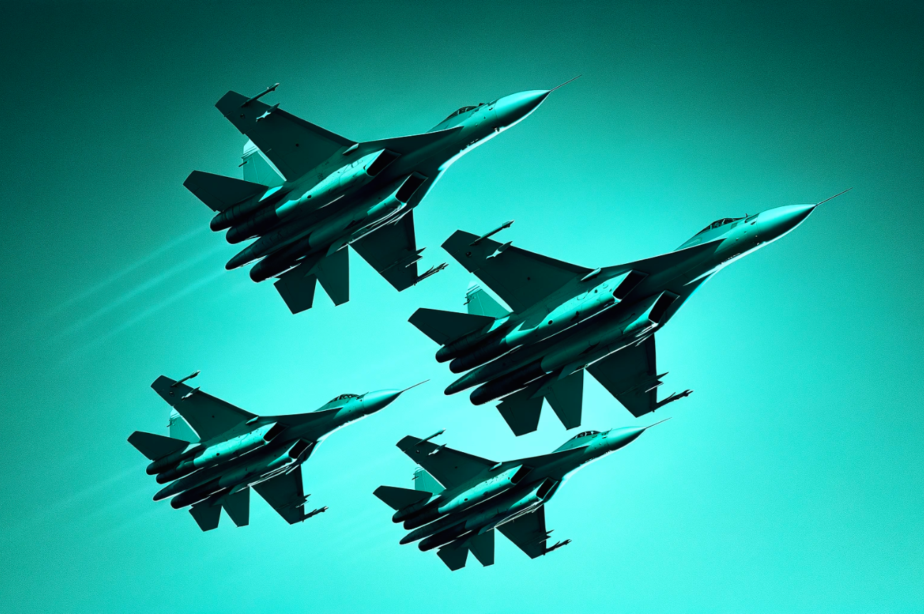 Four fighter jets flying in formation in monochromatic teal green displaying leadership