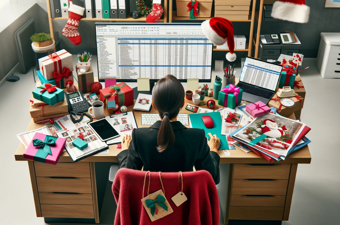 An HR professional sits at a desk covered in gifts and lists, looking closer to Santa's workshop than an office, indicating the need of a corporate gift guide for recruiters and HR
