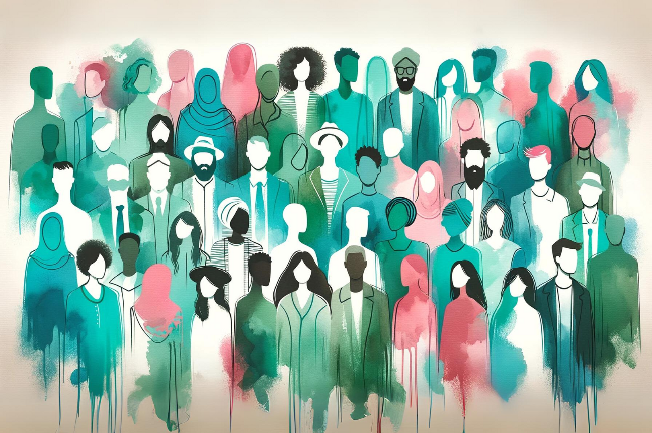 A watercolor depiction of a group of diverse people