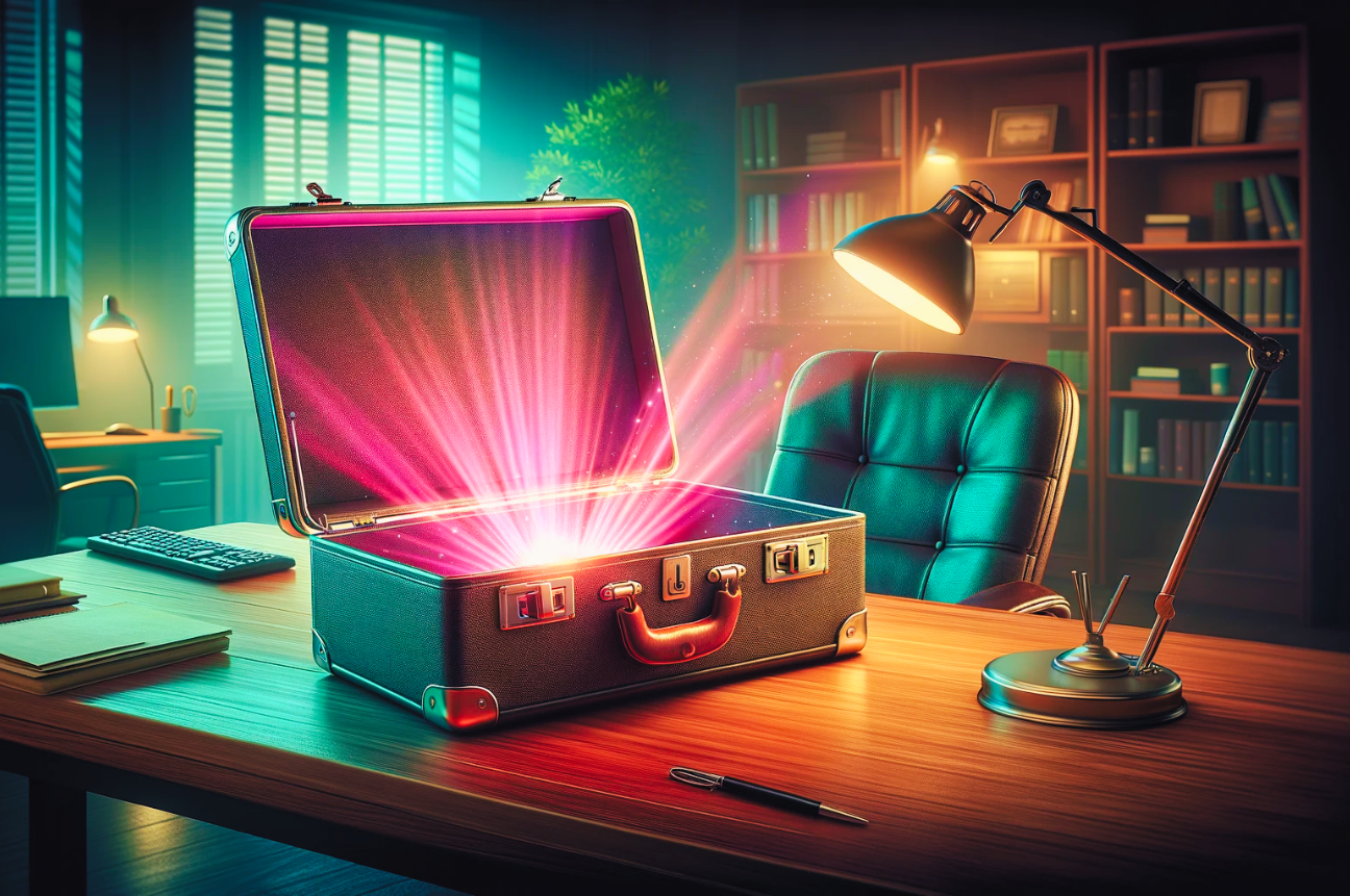 An open briefcase atop an office desk—a glowing magenta light pours out, indicating vast secrets unlocked: those of employer branding examples