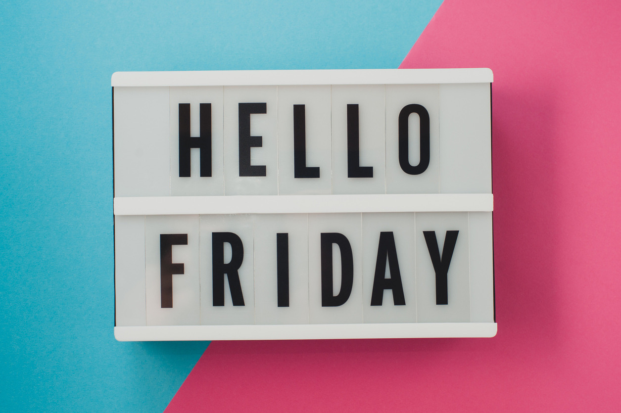 A marquee that says “Hello Friday” against a blue and pink background for our Friday Five roundup