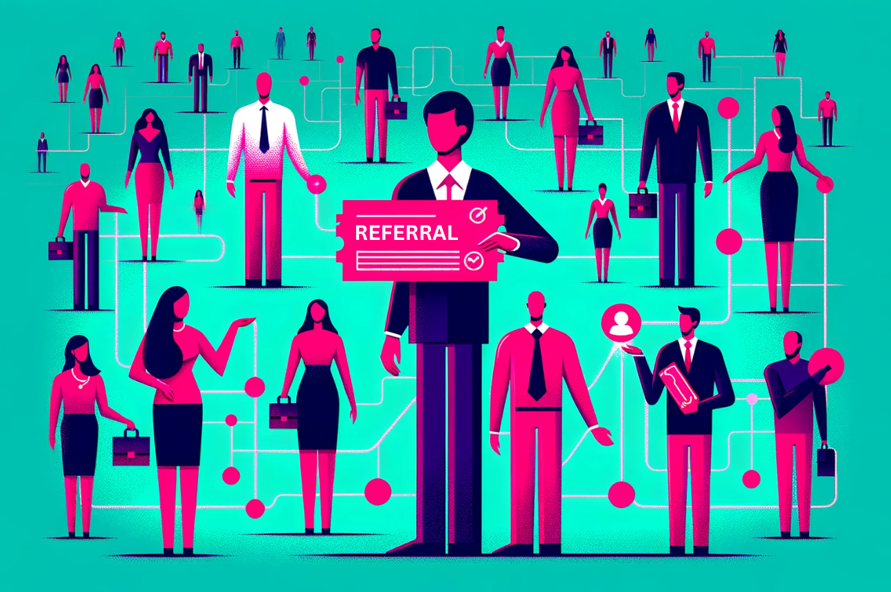 A widescreen illustration representing an employee referral program. Abstract human figures are visible, with one central figure offering a bright pink ticket or voucher to another, symbolizing the act of referral. Surrounding them is a network of other figures, depicting the connections within the program. The background is a vibrant teal green, with bright pink accents on the figures and referral ticket. The figures are diverse, with variations in attire suggesting different professions in a modern, flat graphic style.