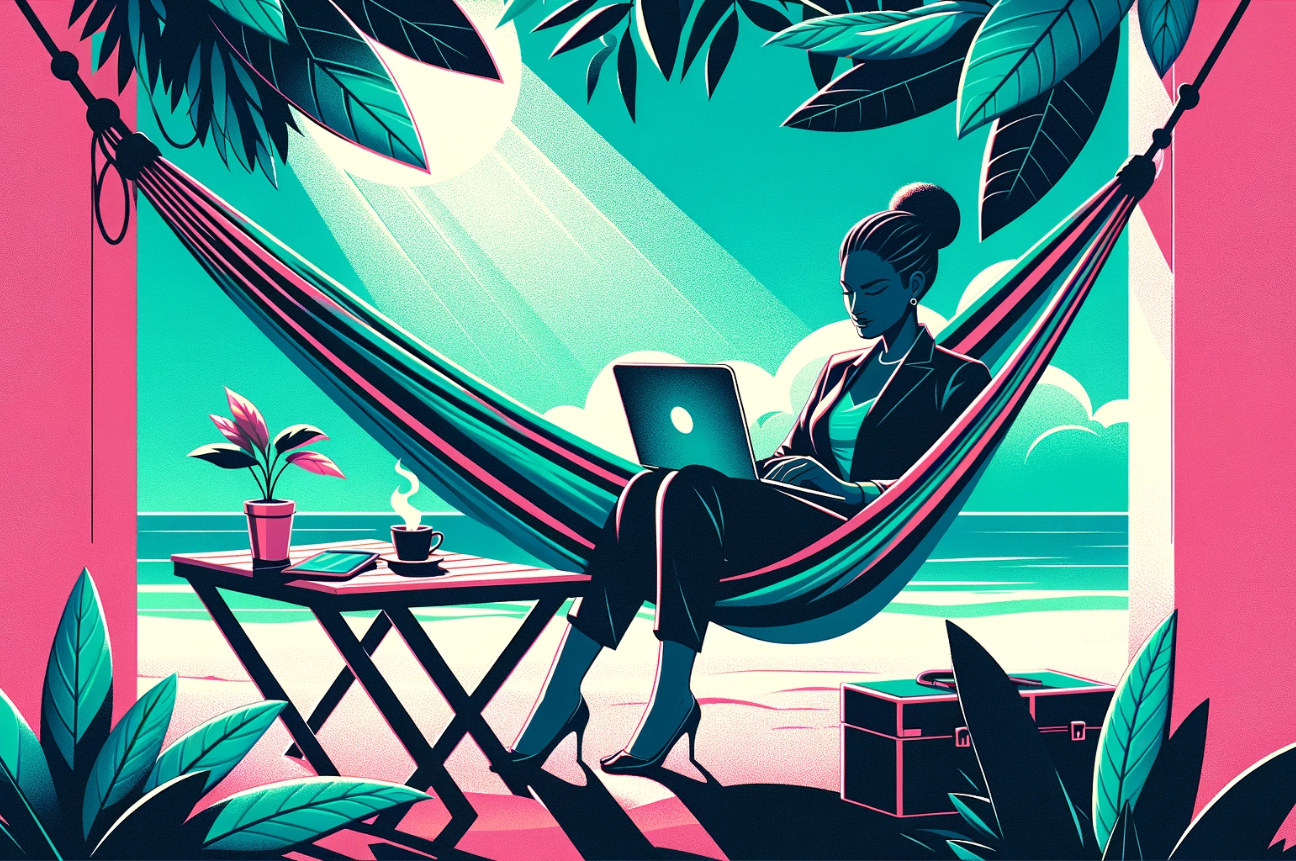 A professional woman lounging in a hammock while working at her computer, representing one of the 6 talent acquisition trends to look out for in 2024