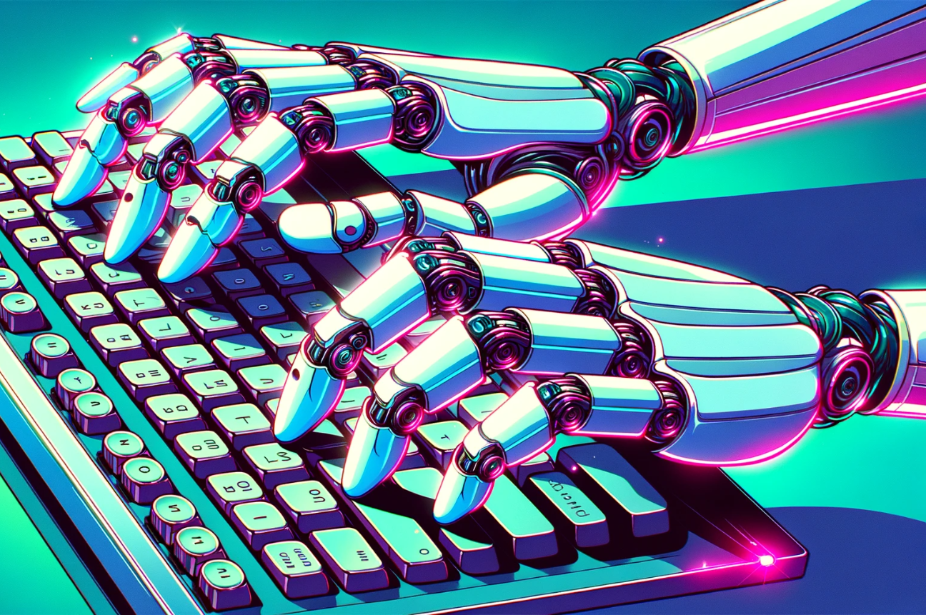 Robot hands typing on a keyboard representing AI Chatbots for Talent Acquisition