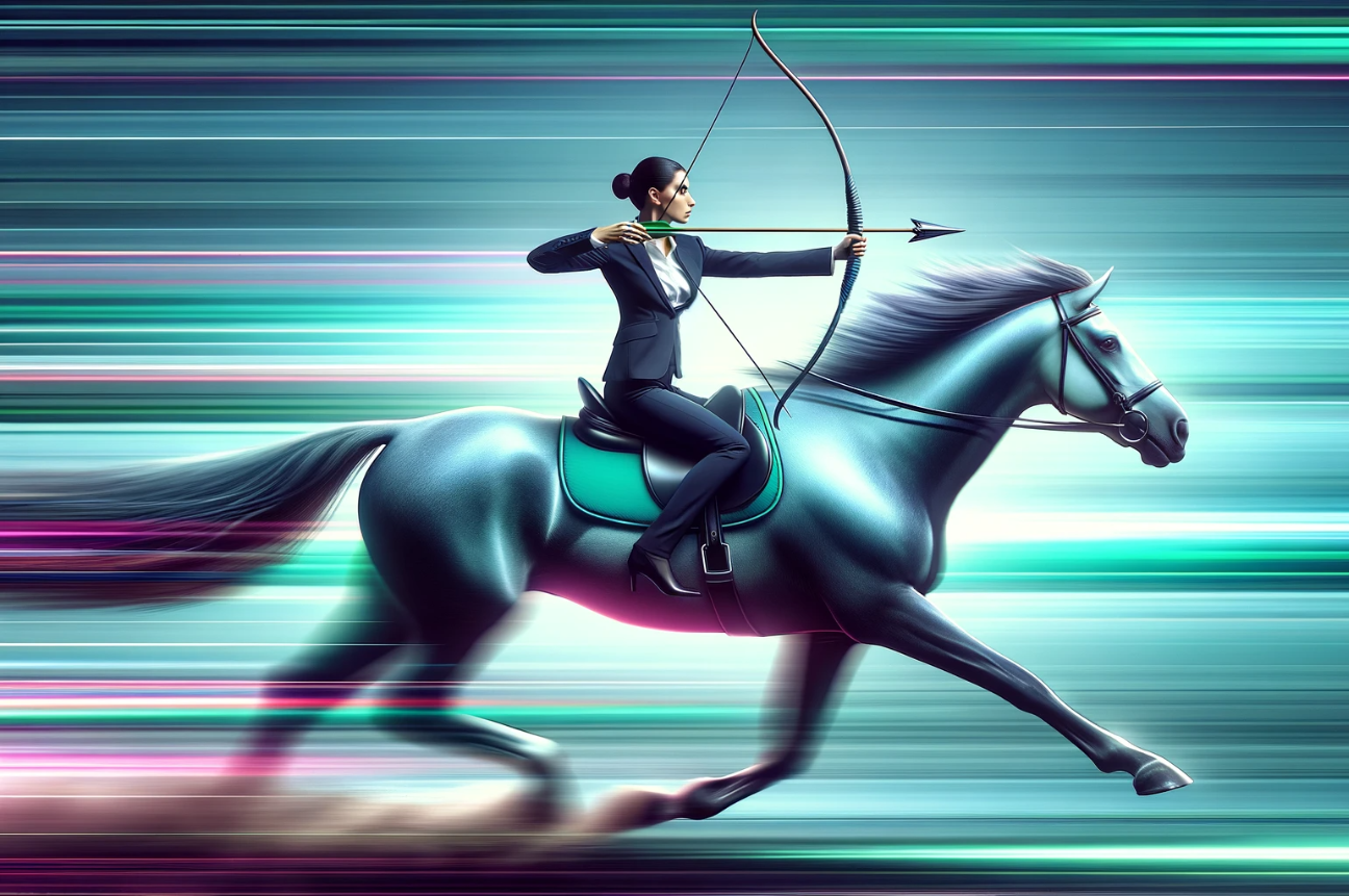 A business-woman on a horse aiming a bow and arrow, symbolizing the balance between speed and accuracy in pre-employment screening