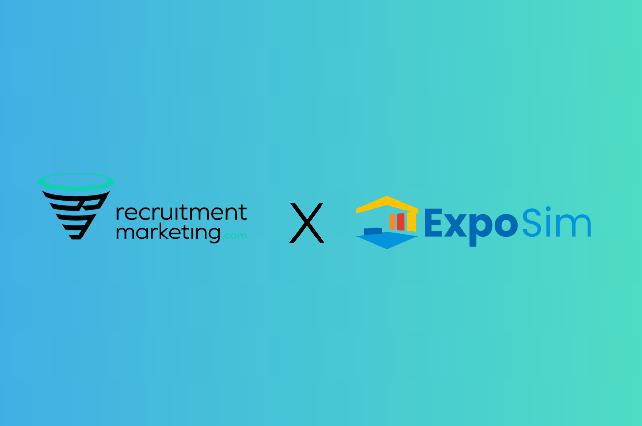 RecruitmentMarketing.com and ExpoSim logos signifying their virtual job fair partnership