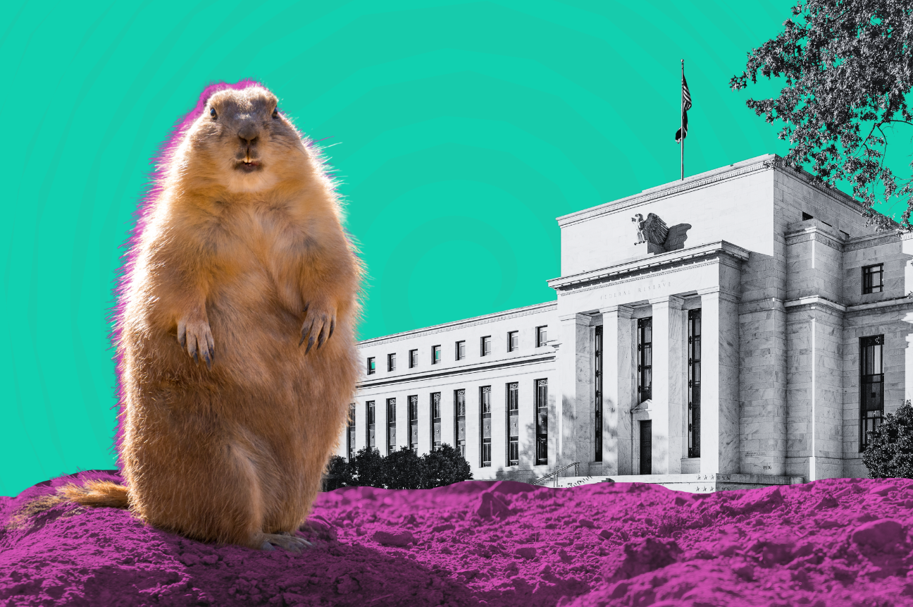 A Groundhog looks shocked in front of the Federal Reserve - a collage of things included in our Recruitment Marketing Roundup