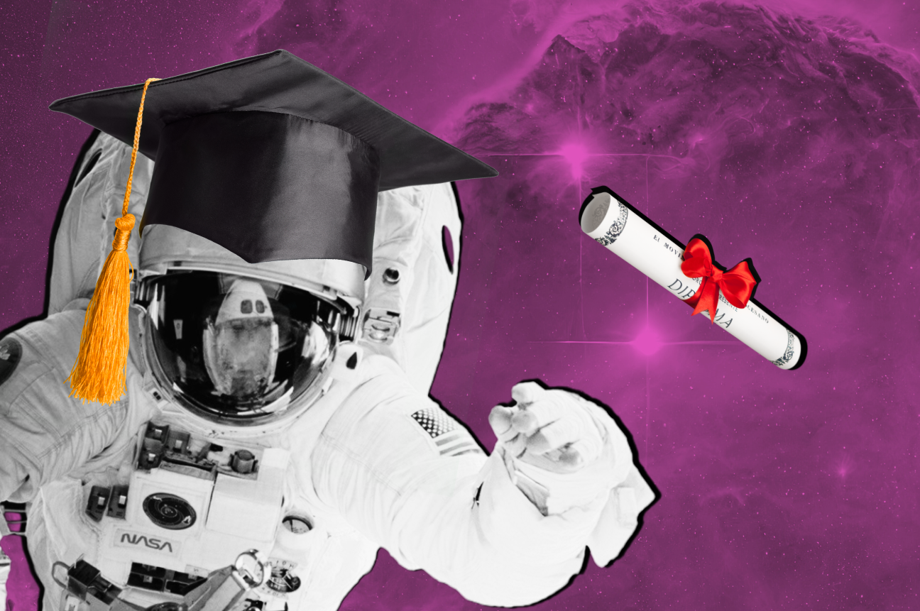 A representation of our Recruitment Marketing Roundup, featuring an astronaut floating in space wearing a graduation cap reaching out for a floating degree
