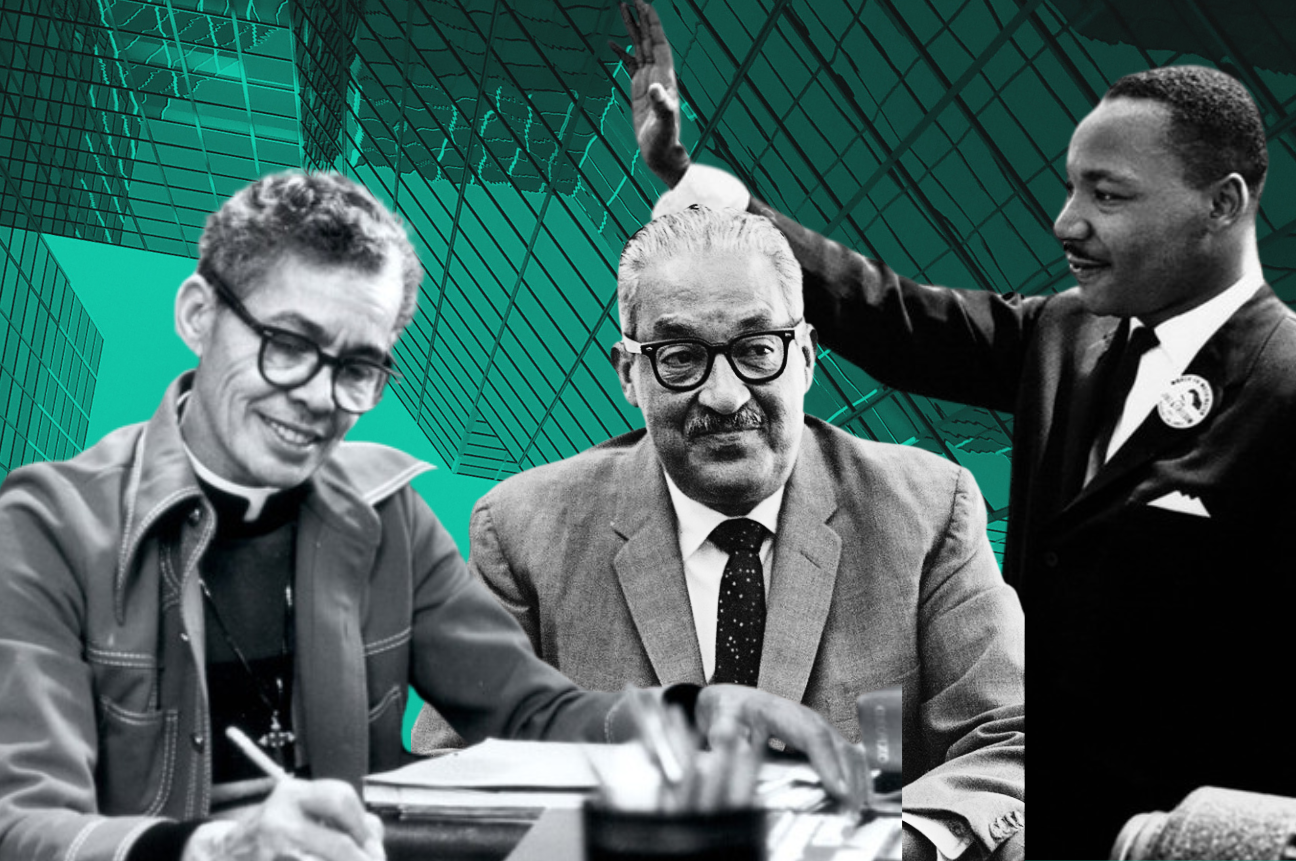 Thurgood Marshall, Martin Luther King Jr and Pauli Murray representing 3 of the 7 workplace civil rights leaders