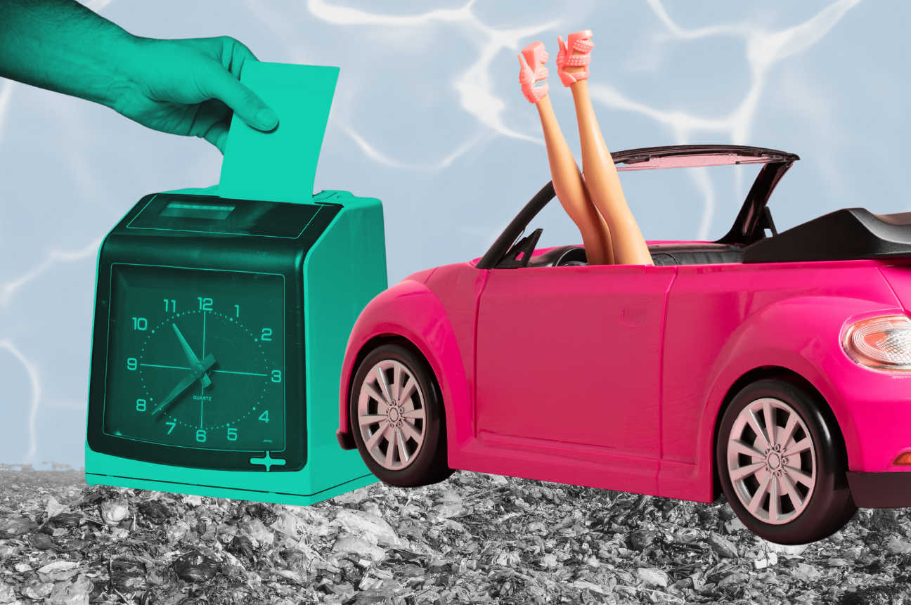 A collage of an old school punch-in clock and barbie's convertible to represent this week's recruitment marketing roundup