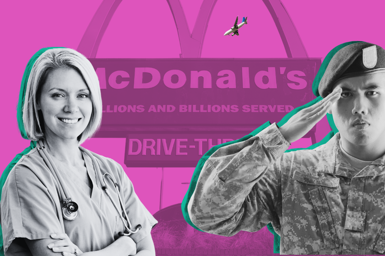 A collage to represent this week's Recruitment Marketing Roundup for March 1, 2024 including a person in the army saluting and a nurse standing in front of a Mcdonald's.