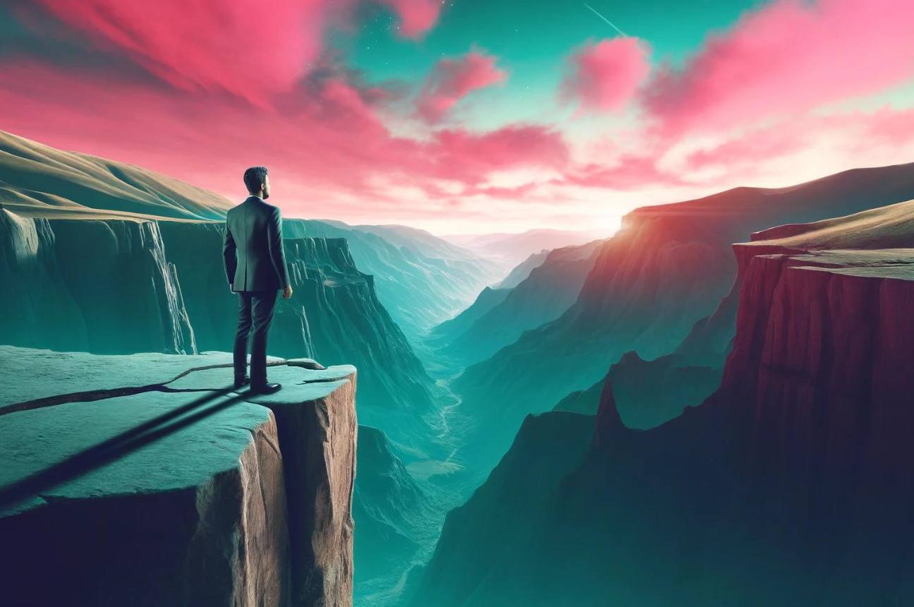 a CEO standing at a cliff looking out at the sunset over a ravine to represent the challenges that may lay ahead
